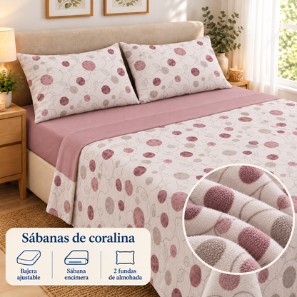 Sábanas de coralina Círculos – Rosa; ambientación y detalle ilustrativo del tejido
