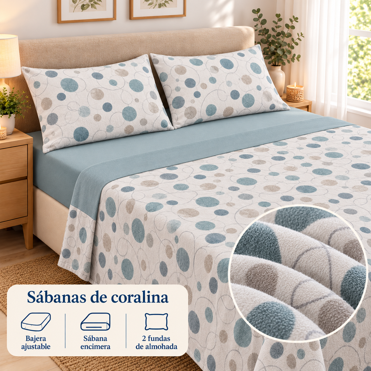 Sábanas de coralina Círculos – Verde agua; ambientación y detalle ilustrativo del tejido