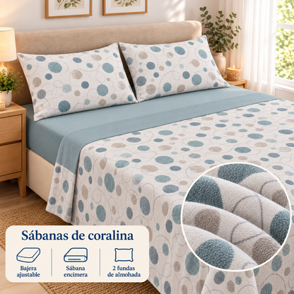 Sábanas de coralina Círculos – Verde agua; ambientación y detalle ilustrativo del tejido