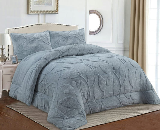Edredón con Borrego Modelo Hojas en Relieve – 230 x 250 cm - COLOR GRIS CLARO