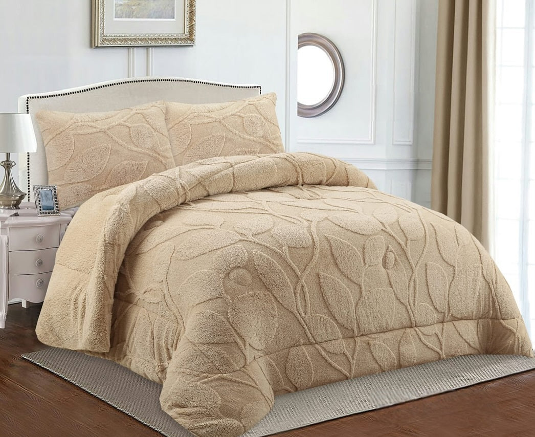 Edredón con Borrego Modelo Hojas en Relieve – 230 x 250 cm - COLOR BEIGE