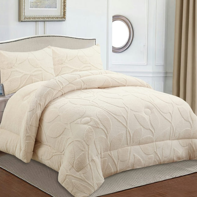 Quilt with Sherpa Lining, Embossed Leaf Pattern – 230 x 250 cm – Cream Color