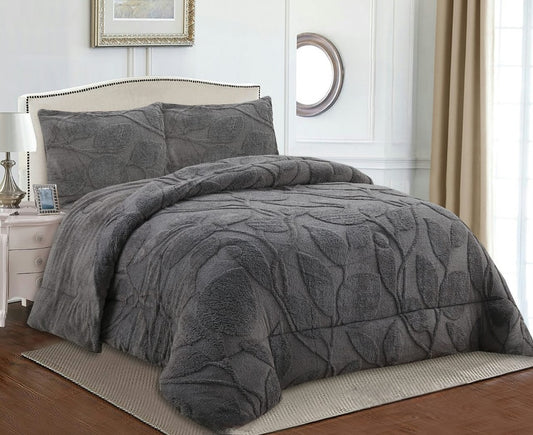 Edredón con Borrego Modelo Hojas en Relieve – 230 x 250 cm - COLOR GRIS OSCURO