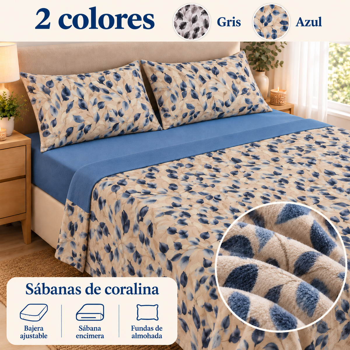 Sábanas de coralina hojas - portada azul con muestras de todos los colores