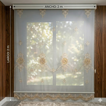 Estor Bordado Elegante de 2 Metros – Diseño Clásico en Tono Beige y Dorado - FLOR DE PIE