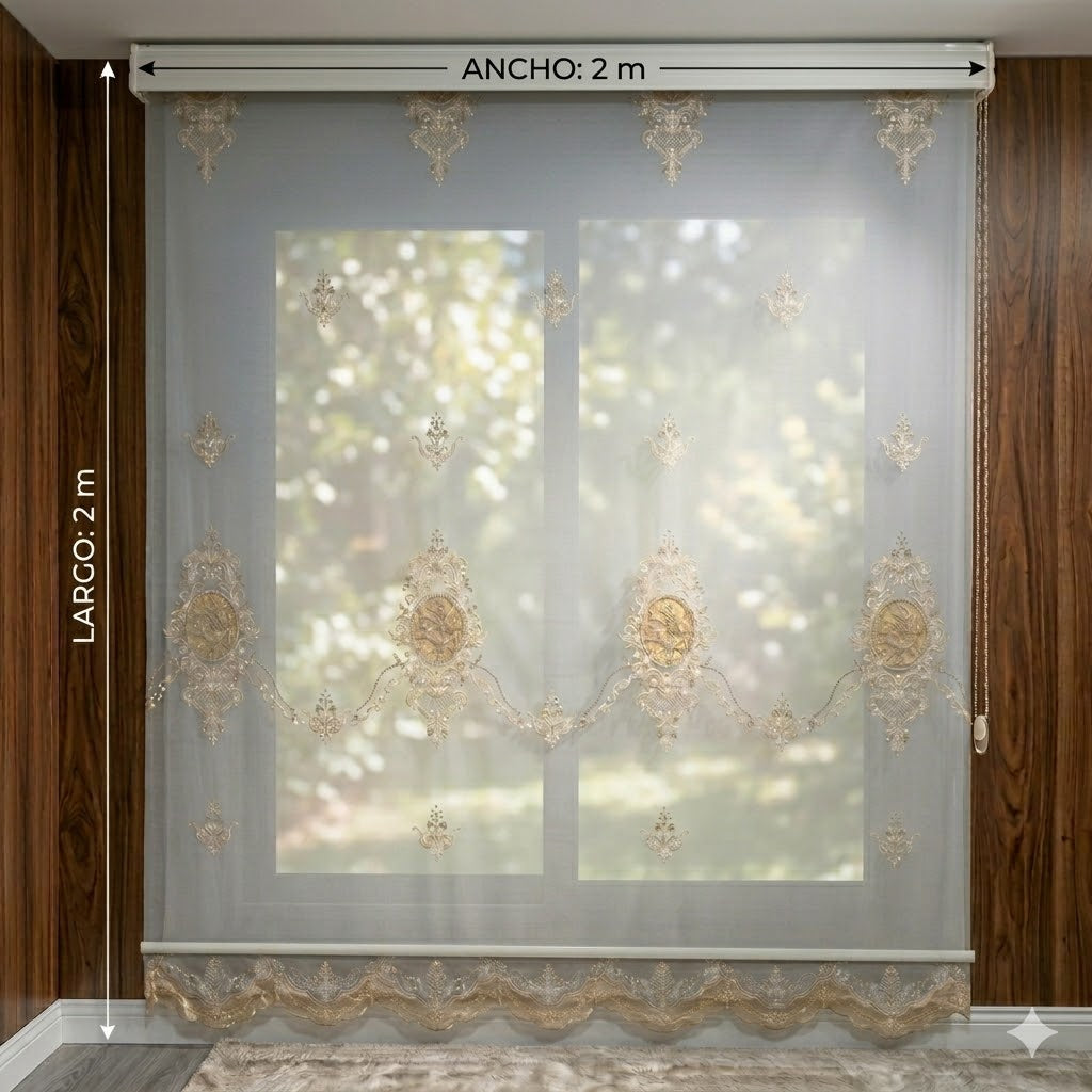 Estor Bordado Elegante de 2 Metros – Diseño Clásico en Tono Beige y Dorado - FLOR DE PIE