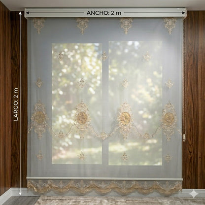 Estor Bordado Elegante de 2 Metros – Diseño Clásico en Tono Beige y Dorado - FLOR DE PIE