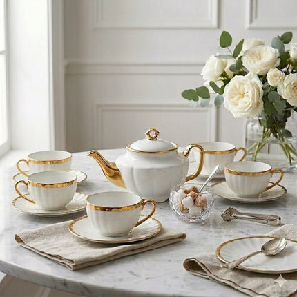 White Porcelain Tea Set with Gold Details ✨🍵 Teapot + 6 Cups 170mL with Saucers