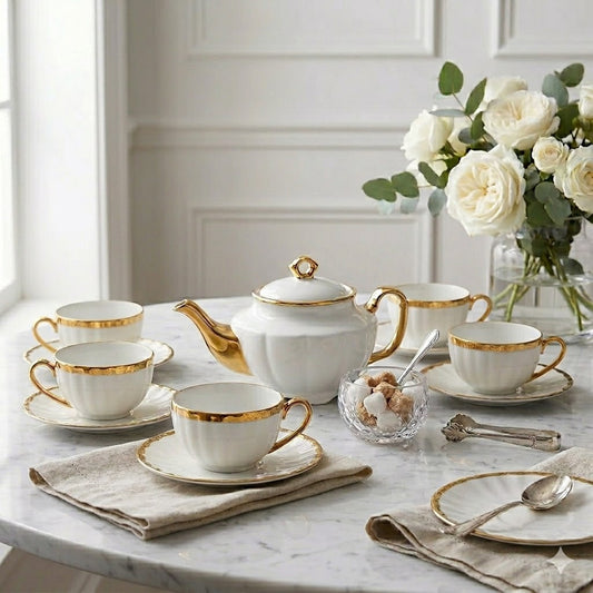 Set de Té de Porcelana Blanca con Detalles Dorados ✨🍵 Tetera + 6 Tazas 170mL con Platos