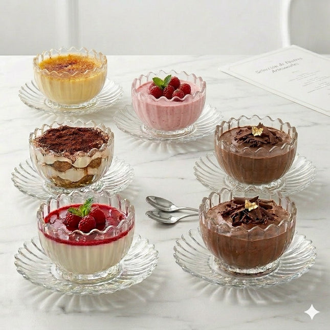 Set of 6 Glass Bowls with Saucer – High Quality (12 Pieces)