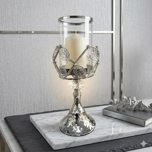 Portavelas de Cristal y Metal Plateado con Diseño de Hojas Elegantes
