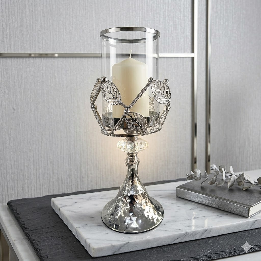 Portavelas de Cristal y Metal Plateado con Diseño de Hojas Elegantes