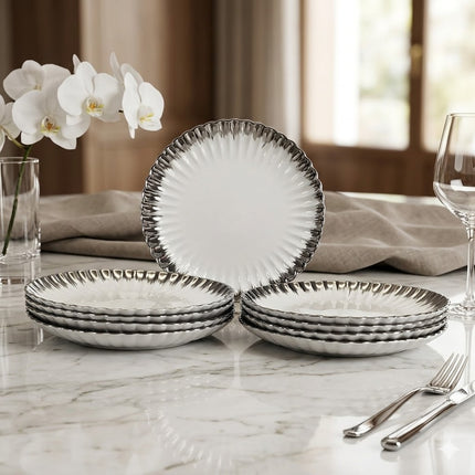 🍽️ Conjunto em Cerâmica Ø26 cm – Embalagem com 9 Pratos Decorativos com Borda Prateada