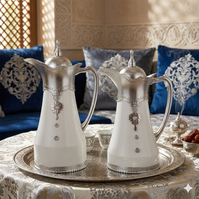 Pack de 2 Termos Elegantes Blanco y Plateado – Sirve Café y Té con Distinción