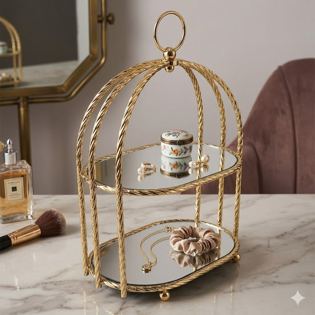 💫 Elegante prateleira de secretária com moldura dourada e prateleiras espelhadas