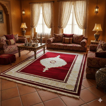 Alfombra Diseño Khanjar Roja con Detalles Dorados – Inspiración Árabe de Lujo