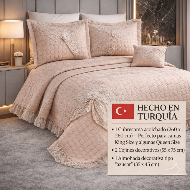 Conjunto de cama Hayal Luxury – Colcha acolchoada com renda – Cappuccino