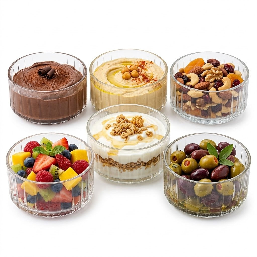 ✅ Set de 6 cuencos grabados de vidrio — 240 ml aprox., estilo y versatilidad en tu mesa ✅