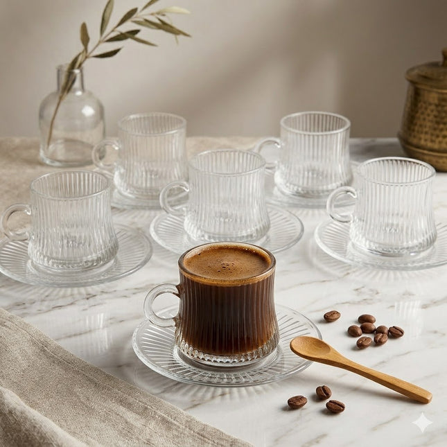 Set Nura 6 Tazas con Plato de Cristal Acanalado