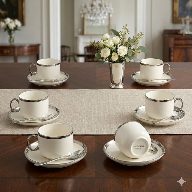 Conjunto de 6 chávenas em porcelana com detalhes prateados – Elegância minimalista