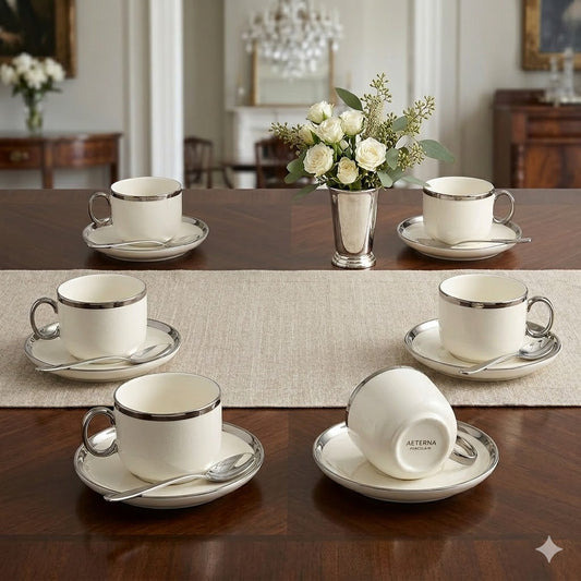 Set de 6 Tazas de Porcelana con Detalles Plateados – Elegancia Minimalista