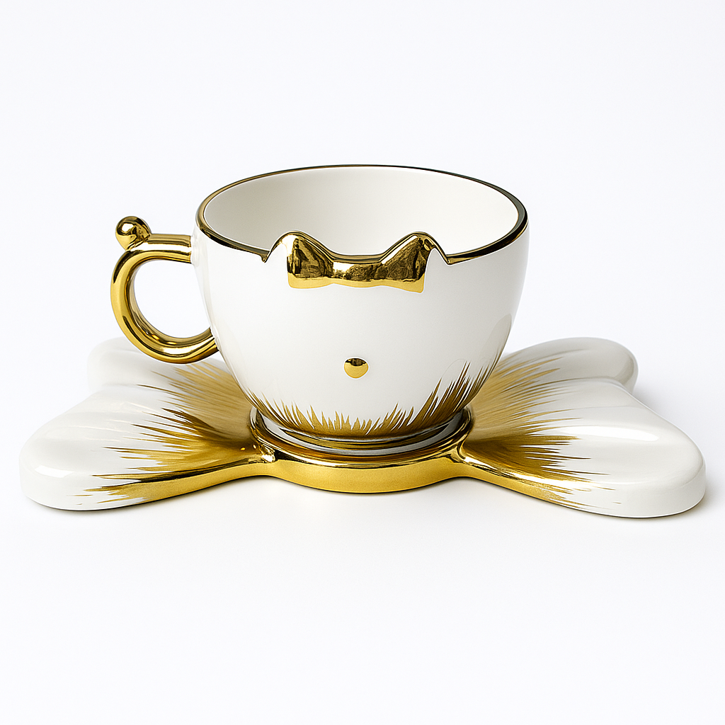 Set de 6 Tazas de Café Espresso con Bandeja – Diseño Gatito Blanco y Dorado 🐱✨