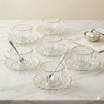 Set of 6 Crystal Cups with Saucers – Classic and Elegant Design