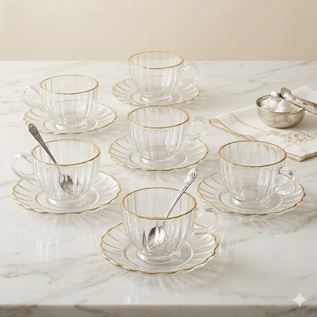 Set de 6 Tazas de Cristal con Platillos – Diseño Clásico y Elegante