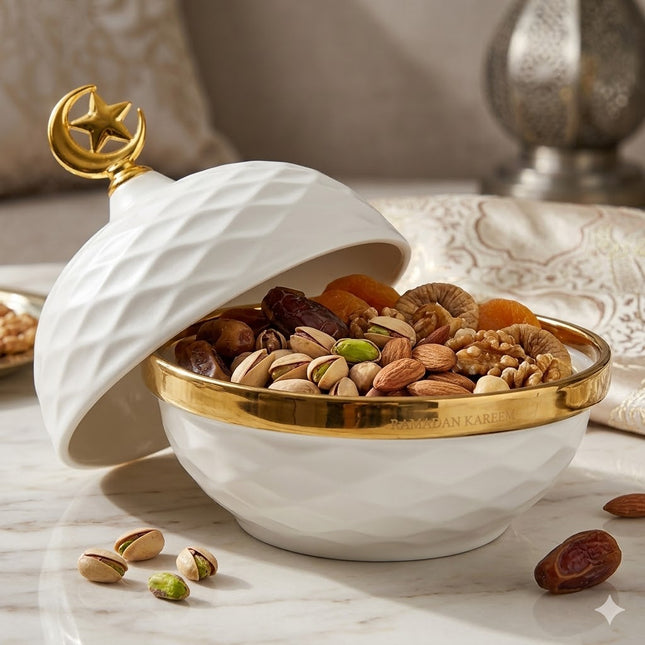 Decorative Arabic Box with Moon and Golden Star Lid 🌙⭐ Luxury White Ceramic
