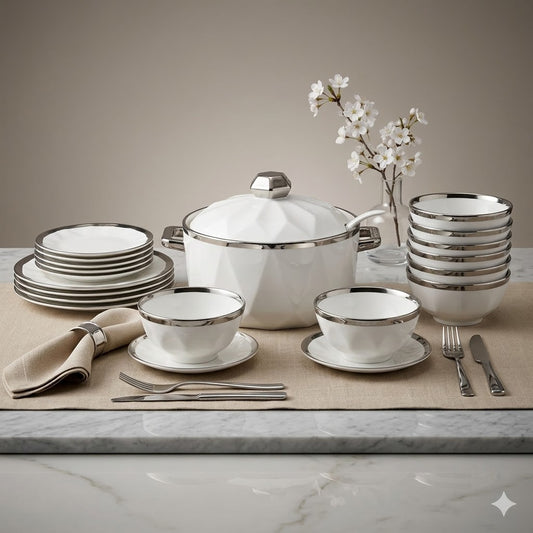 ✨ Premium 24-Piece White Dinnerware Set with Silver Rim ✨