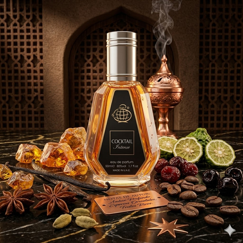 Cocktail Intense (50ml) de Fragrance World: El Perfume Árabe Unisex de Larga Duración Perfecto para Noches de Otoño e Invierno