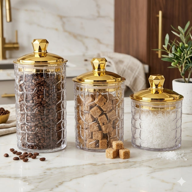 Set of 3 Glass Jars with Gold Lids – Elegant Design for Kitchen or Decoration