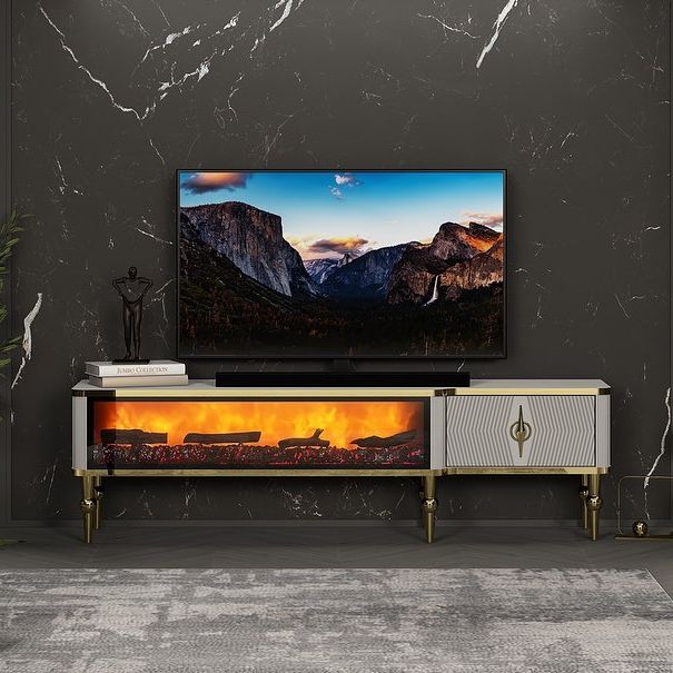 Móvel TV com lareira digital - Branco com detalhes dourados