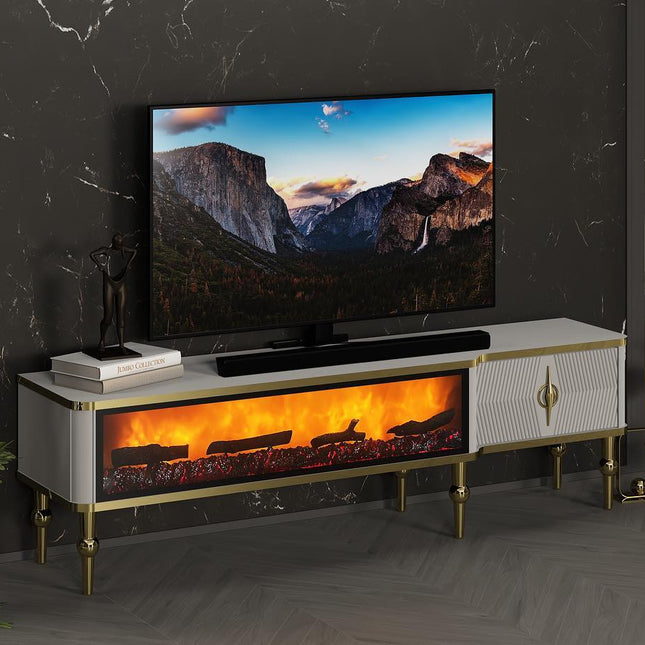 Móvel TV com lareira digital - Branco com detalhes dourados
