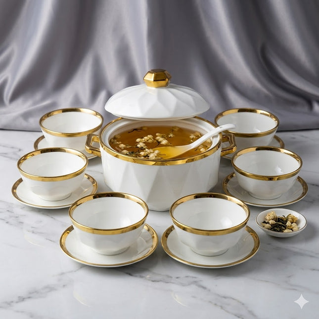 White Porcelain Soup Tureen and Bowl Set with Gold Rim – Premium 7 Piece Set