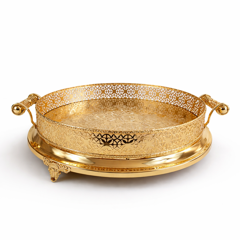 Bandeja Decorativa Redonda Dorada de 40 cm con Diseño Calado Elegante