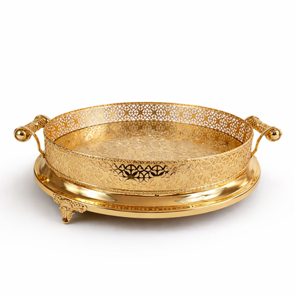 Bandeja Decorativa Redonda Dorada de 40 cm con Diseño Calado Elegante