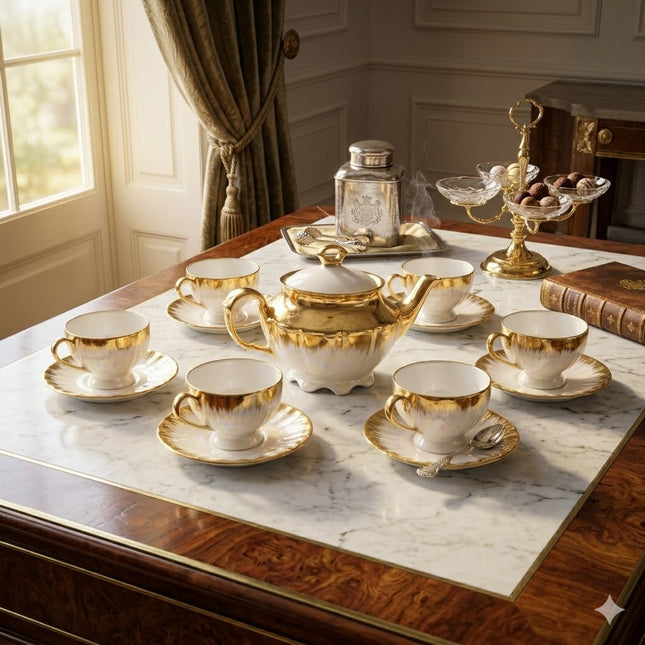 Serviço de chá em porcelana com detalhes em dourado – 6 peças