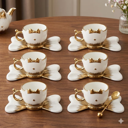 Conjunto de 6 chávenas de café expresso com bandeja – Design de gatinho branco e dourado 🐱✨