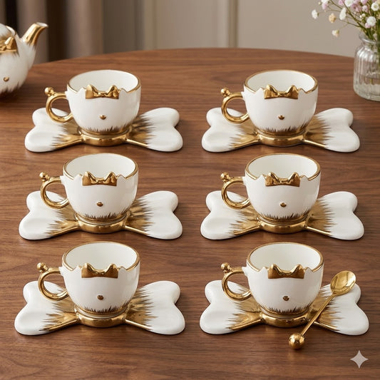 Set de 6 Tazas de Café Espresso con Bandeja – Diseño Gatito Blanco y Dorado 🐱✨