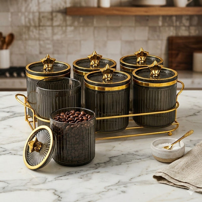 Set de 6 Frascos de PLÁSTICO con Tapa Dorada y Base Metálica Elegante