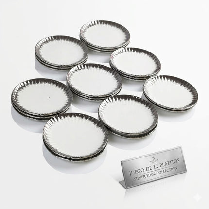 🍽️ Conjunto de 12 pratos de sobremesa redondos com rebordo prateado brilhante Ø 15cm – Estilo luxuoso