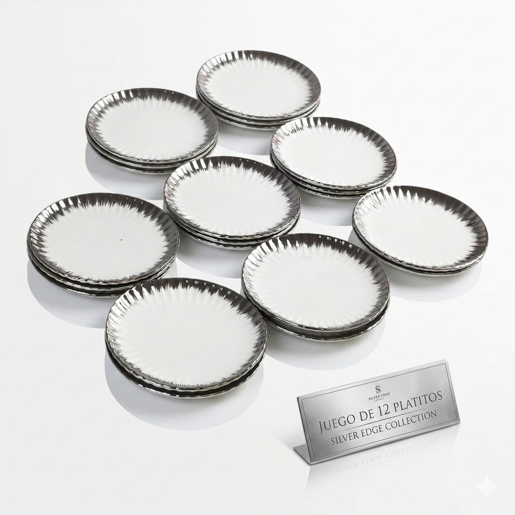 🍽️ Set de 12 Platos de Postre Redondos con Borde Plateado Brillante Ø 15cm – Estilo Lujo