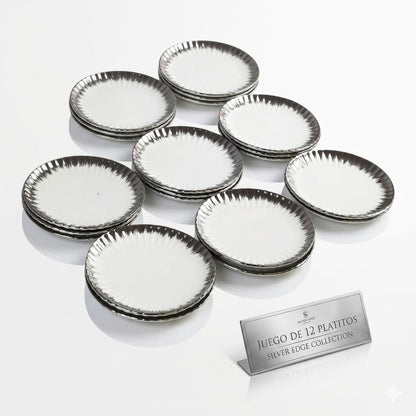 🍽️ Set de 12 Platos de Postre Redondos con Borde Plateado Brillante Ø 15cm – Estilo Lujo
