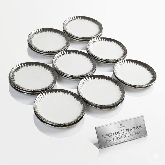 🍽️ Set de 12 Platos de Postre Redondos con Borde Plateado Brillante Ø 15cm – Estilo Lujo