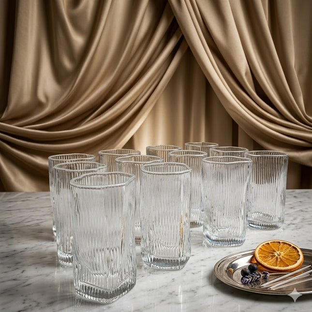 Juego de 12 Vasos de Cristal con Relieve Vertical