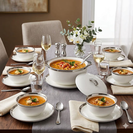 🥣 Set de Sopera de Porcelana Premium con Borde Plateado 2,7L