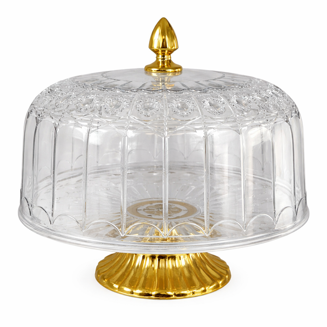 🍰 Expositor Redondo de Plástico con Tapa y Base Dorada – Elegancia para tus Postres ✨