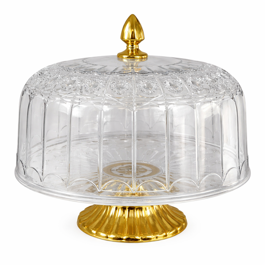 🍰 Suporte redondo em plástico com tampa e base dourada – Elegância para as suas sobremesas ✨