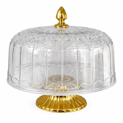 🍰 Suporte redondo em plástico com tampa e base dourada – Elegância para as suas sobremesas ✨